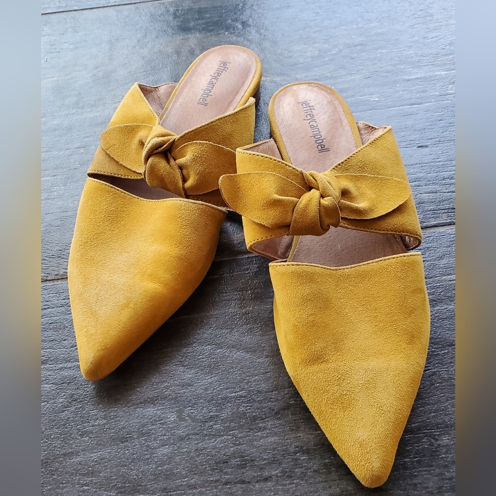 JEFFREY CAMPBELL CHARLIN BOW TIE MUSTARD SUEDE LEATHER SLIP ON MULE FLATS 10M